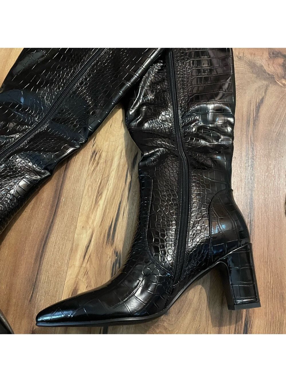 Women's Black Croc-Embossed Knee Boots - Picture 11 of 17